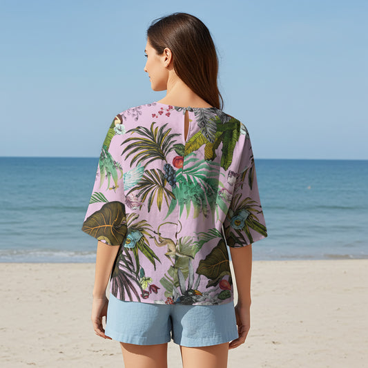 Women Casual Blouse Elbow Sleeve Round Neck Button-Back 95% Lyocell, 5% Linen Purple Aloha Fantasy Tropical Paradise