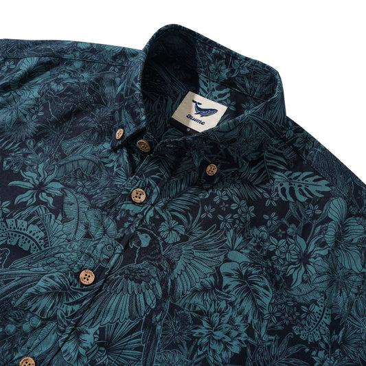 Men's Hawaiian Shirt Long Sleeve Button-down 100% Cotton Green Aloha Tropical Jungle Charm
