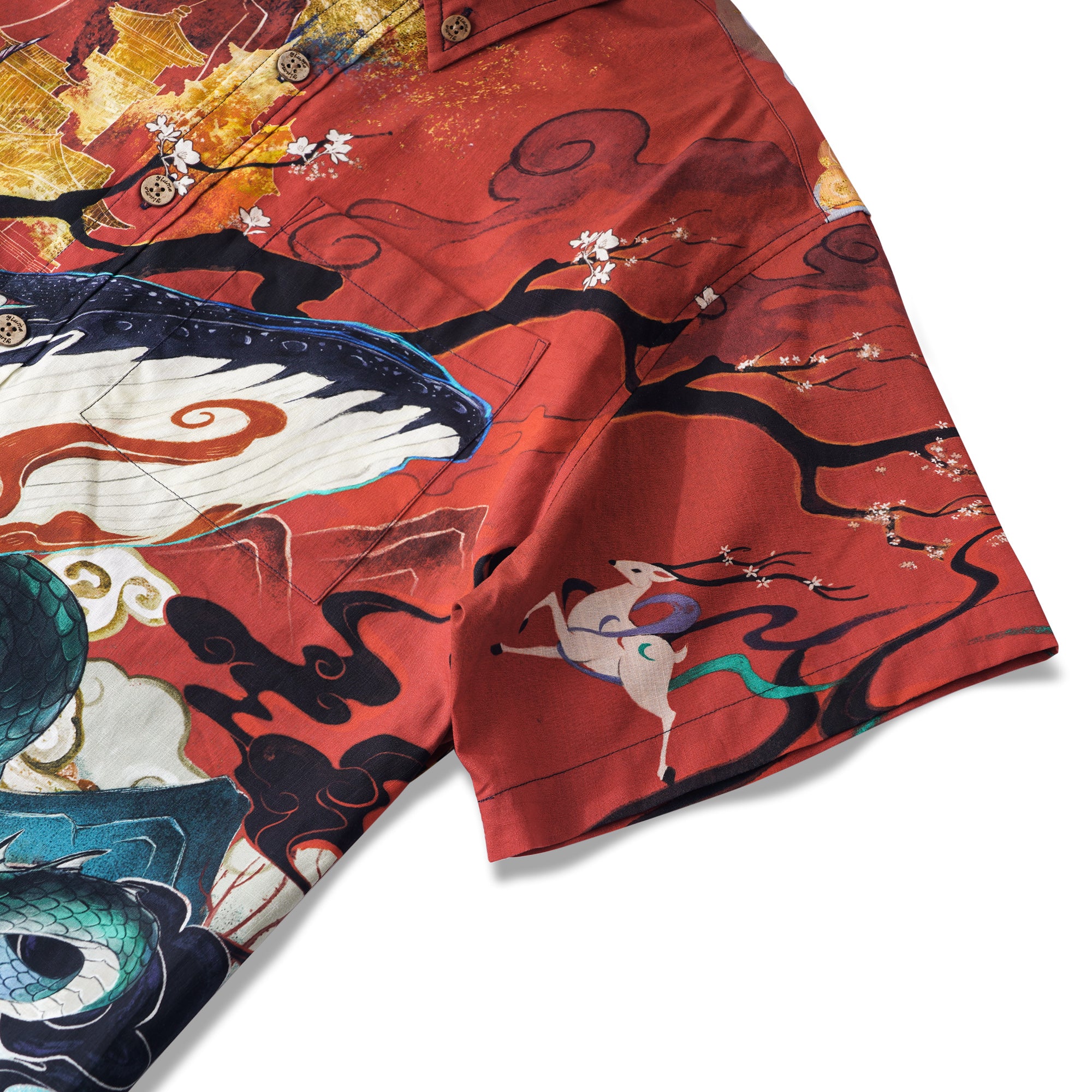 Chinese Art Hawaiian Shirt 100% Cotton Men's Short Sleeve Button-down Red Aloha Shirt Dunhuang Whale Art Shirt