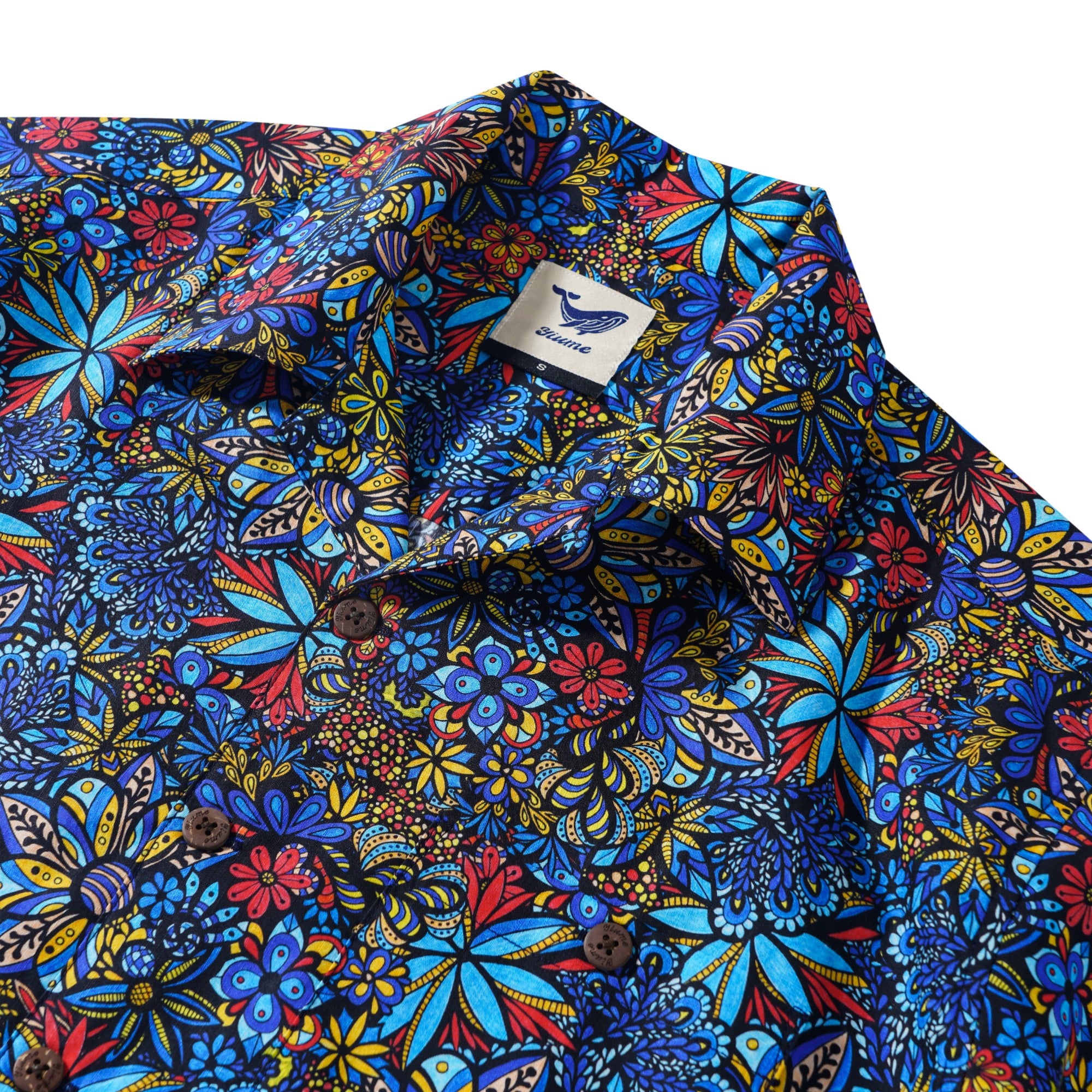 Men's Hawaiian Shirt Short Sleeve Camp Collar 100% Cotton Blue Aloha TALAVERA BOUQUET By Lori Anne McKague