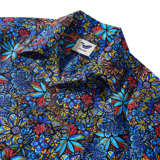 Men's Hawaiian Shirt Short Sleeve Camp Collar 100% Cotton Blue Aloha TALAVERA BOUQUET By Lori Anne McKague