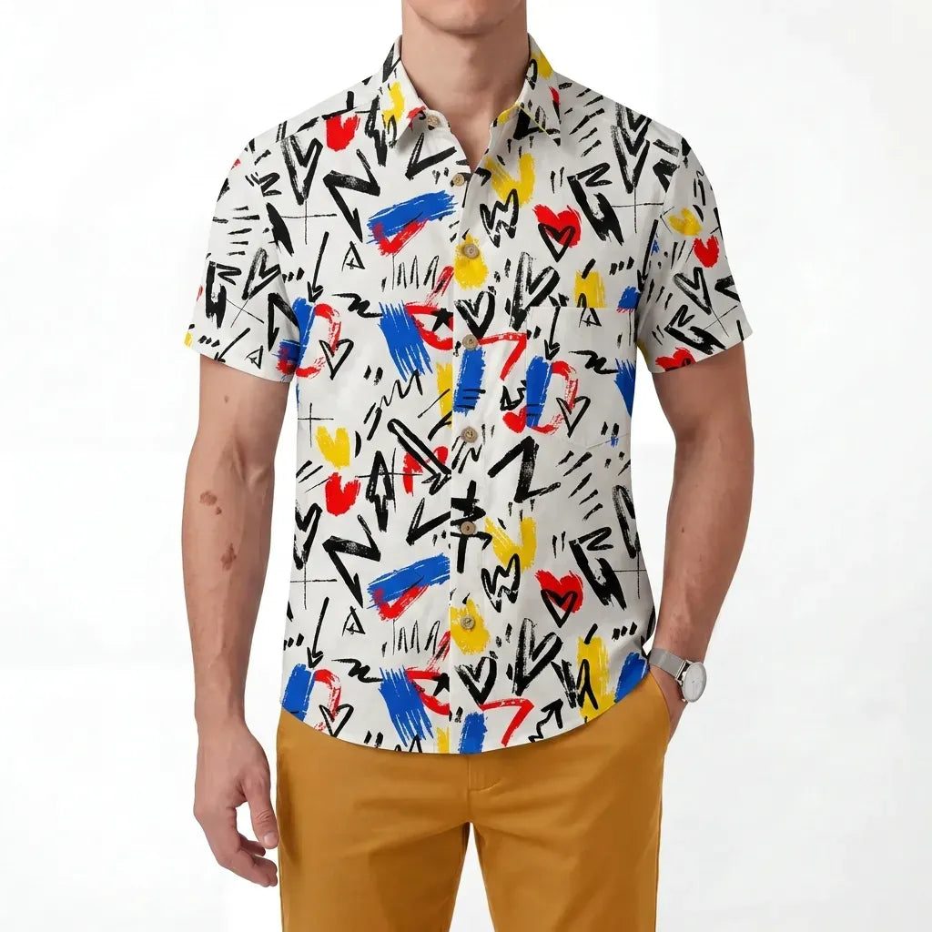 Men's short sleeve Hawaiian shirt with colorful brushstrokes