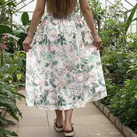 Women Casual Maxi Skirt Long Elastic Waist with Pockets 100% Cotton Green Aloha Soft Floral Elegance