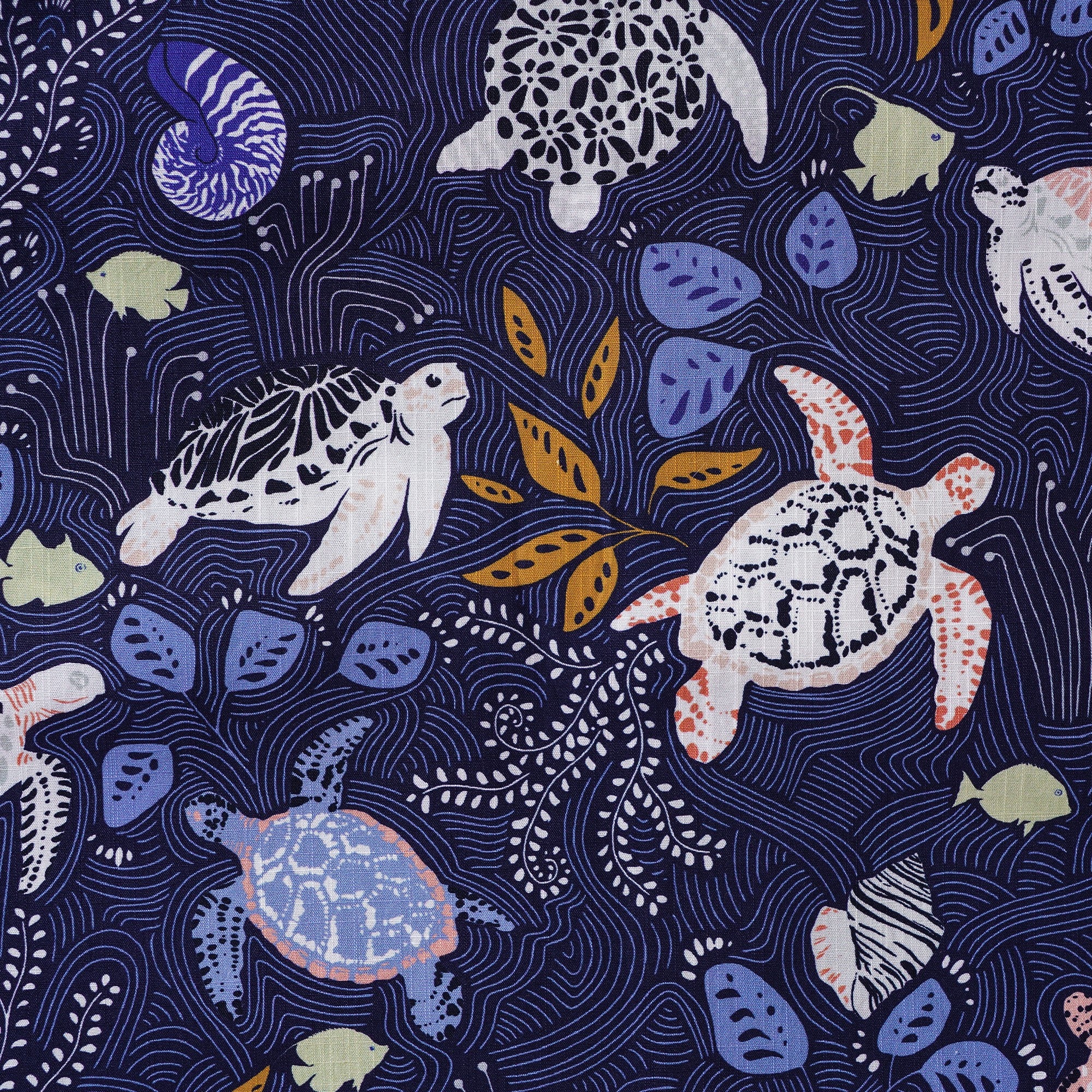 Chemise hawaïenne masculine bouton à manches courtes 100% coton bleu Aloha Happy Sea Turtles Family Navy Blue par Annick