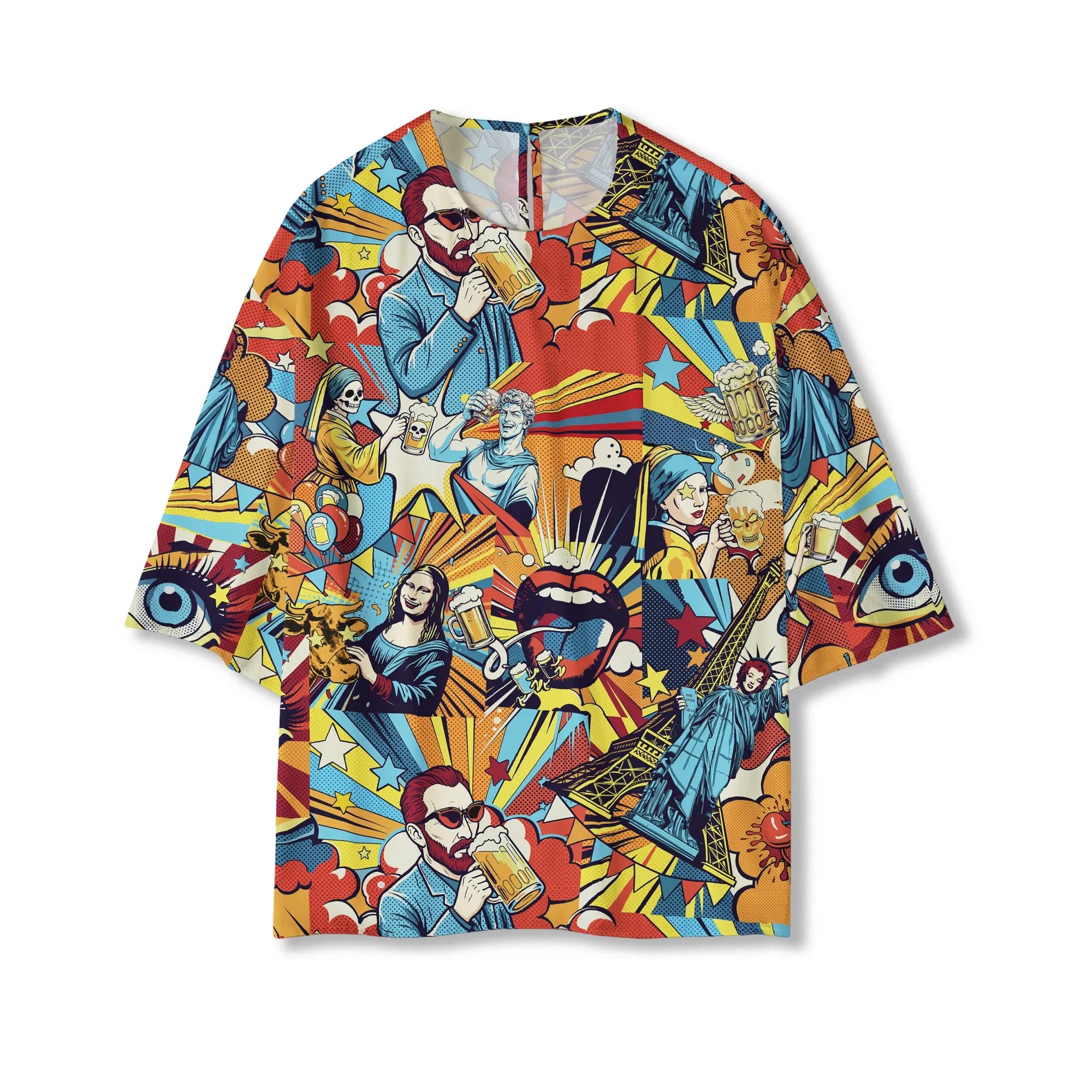 Women's blouse with tropical art and beer pop collage, eco-friendly