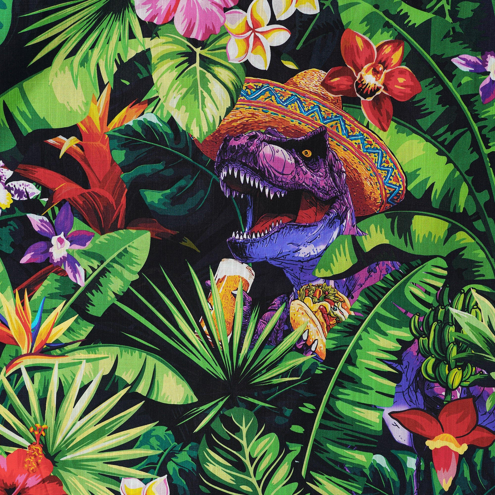Men's Hawaiian Shirt Short Sleeve Camp Collar 100% Cotton Purple Aloha Jungle Dinosaur Party Time