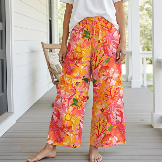 Women Casual Pants Lounge Elastic Waist Drawstring with Pockets 93% Lyocell, 7% Linen Orange Aloha Tropical Seaside Fiesta Print