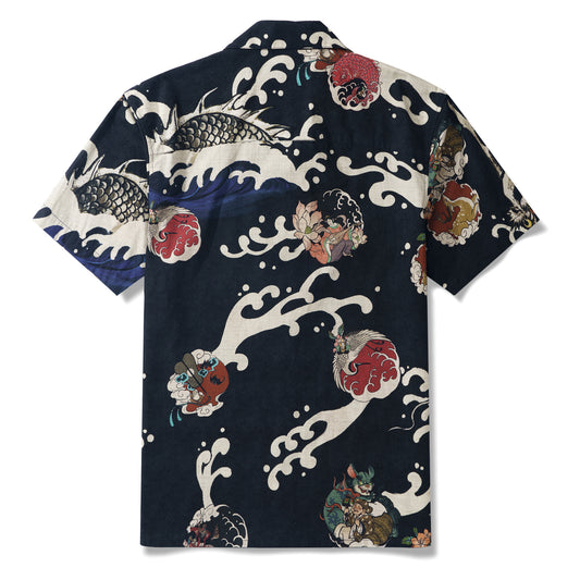 100% Cotton Men's Aloha Shirt Japanese Hawaiian Shirt Short Sleeve Camp Collar Shirt Seven Fortunes Charm Collection