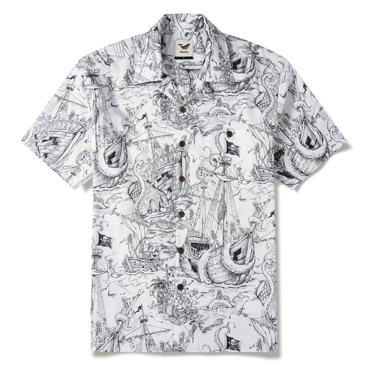 Men's Hawaiian Shirt Short Sleeve Camp Collar 100% Cotton White Aloha Mermaid's Skull Island