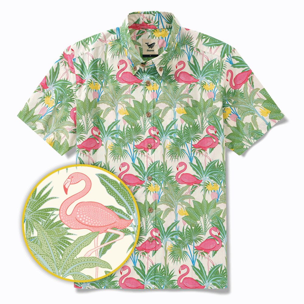 Herren-Hawaiian-Hemd Kurzärmel Button 100% Baumwolle Beige Aloha Flamingos & Chameleons von House of Haricot