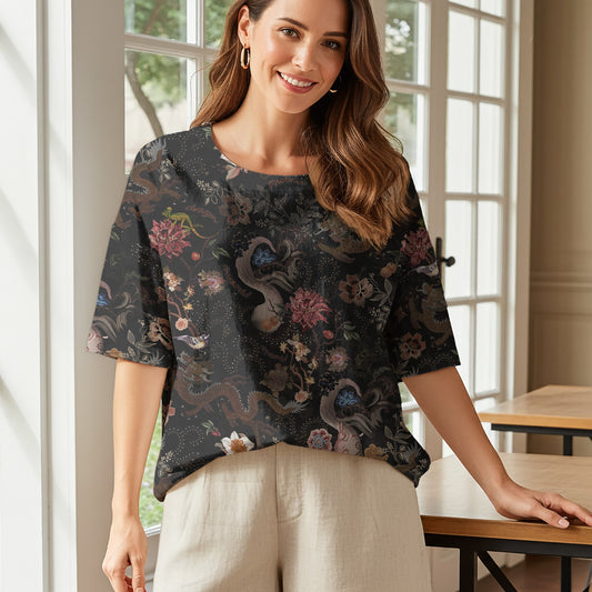 Women Casual Blouse 3/4 Sleeve Round Neck 95% Lyocell, 5% Linen Black Aloha Ink Charm Eastern Dream