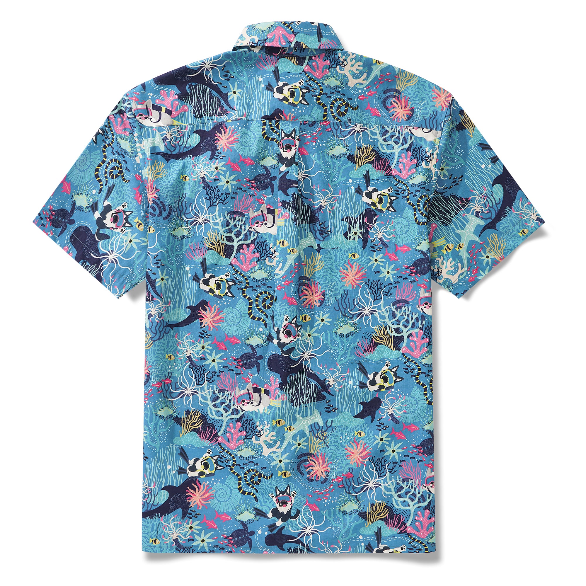 Chemise hawaïenne bleue masculine Fish & Turtle chemise à manches courtes à manches courtes 100% coton bleu aloha plongée chiot