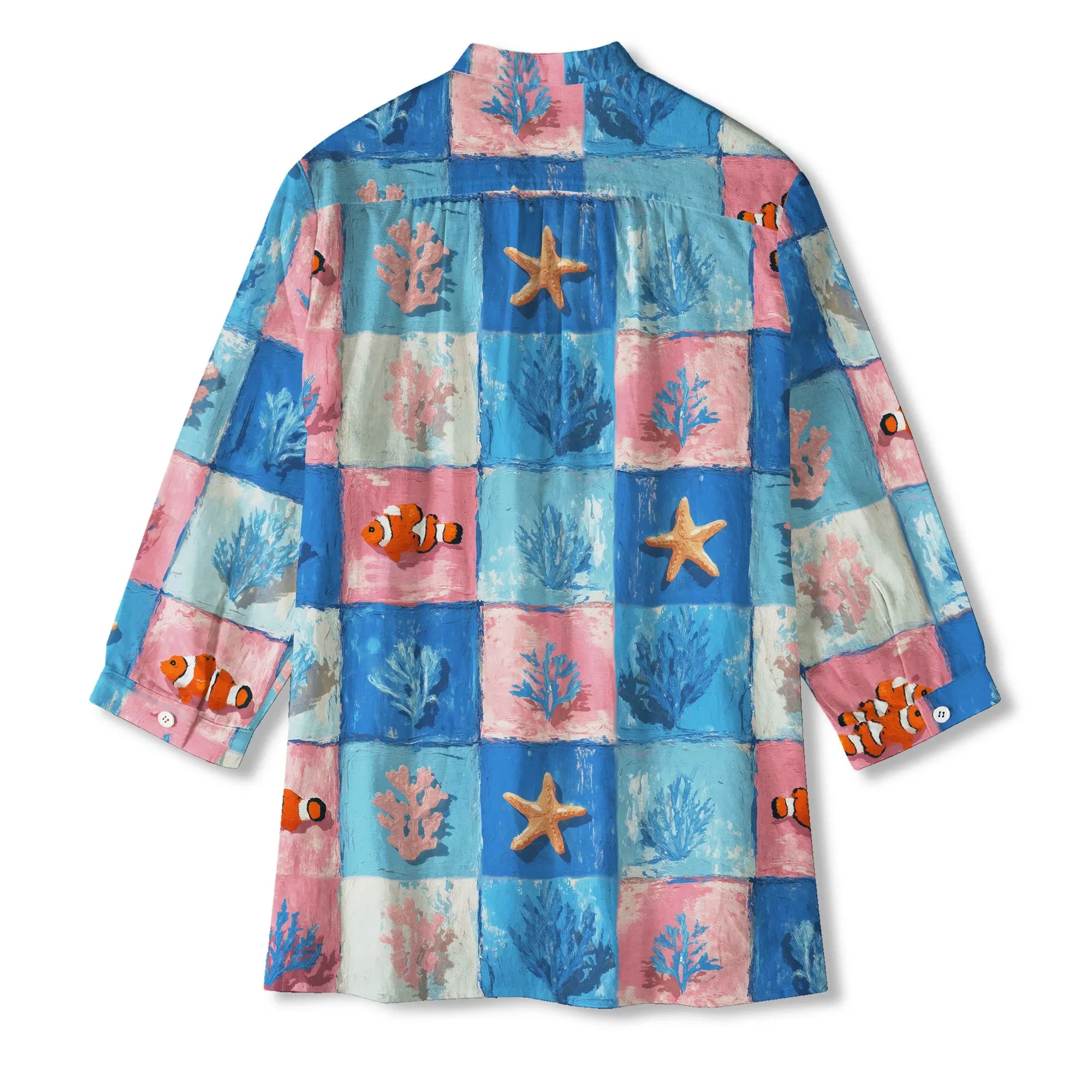 Women's Blue Aloha Oceanic Chessboard art shirt, 3/4 sleeve