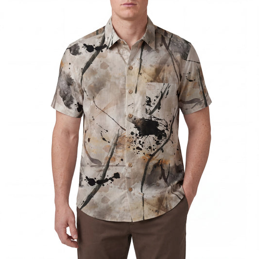 Brown abstract art shirt for men, short sleeve, button-up