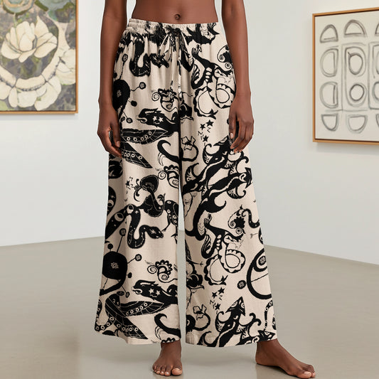 Women Casual Pants Lounge Elastic Waist Drawstring with Pockets 93% Lyocell, 7% Linen Black Aloha Mystical Star Trails
