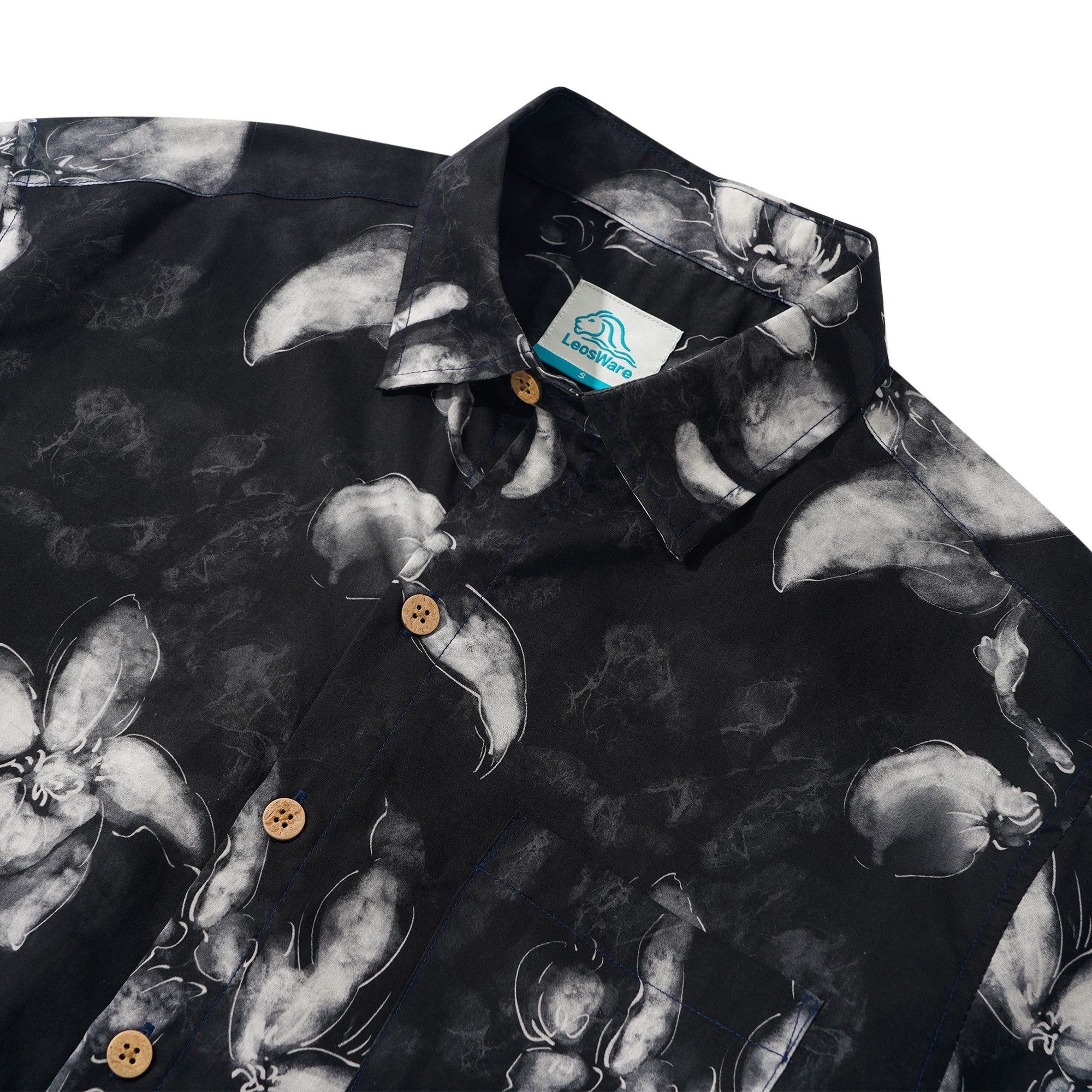 LeosWare® Men's Hawaiian Shirt Short Sleeve Button-up 100% Cotton Black Aloha Ink Wash Floral Silhouette