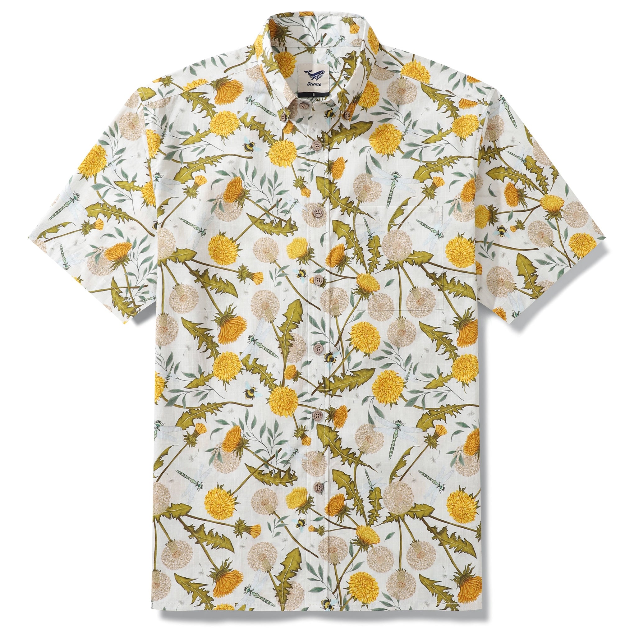 Yiume Tropical Hawaiian Shirt For Men 100% Cotton Short Sleeve Button-down Aloha Shirt Dandelions and Dragonflies Shirt