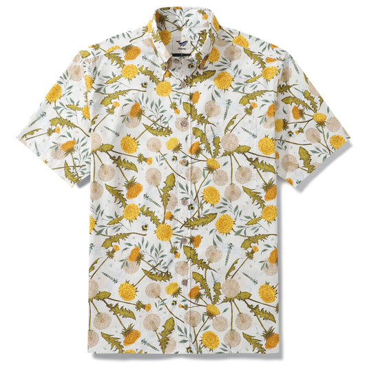 Chemise hawaïenne des années 1950 pour hommes, pissenlits et libellules, chemise à boutons, manches courtes, 100 % coton, chemise Aloha