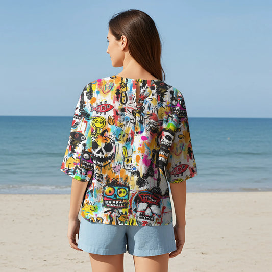 Women Casual Blouse Elbow Sleeve Crew Neck Button-Back 95% Lyocell, 5% Linen White Aloha Graffiti Madness Party