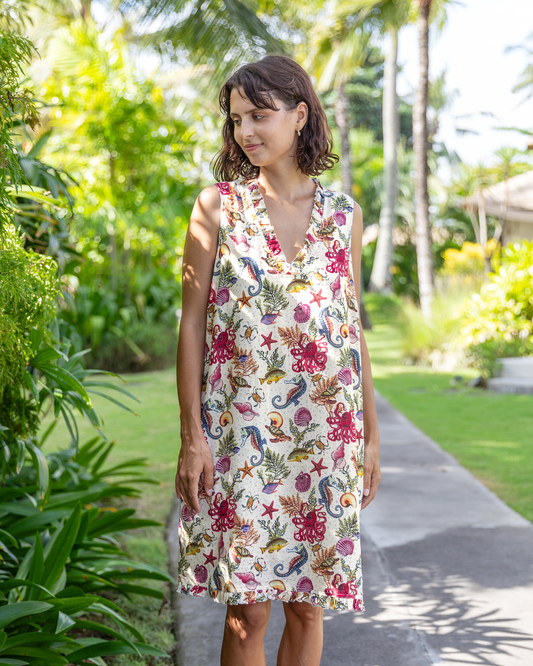 Robe hawaïenne pour femmes Robe de vacances tropicale Vie marine Hippocampe Pieuvre Robes à col en V Robe sans manches