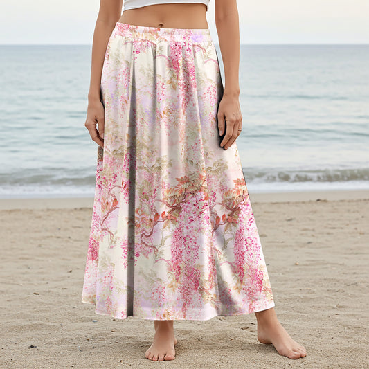 Women Casual Maxi Skirt Long Elastic Waist 100% Cotton Aloha Romantic Pink Vine