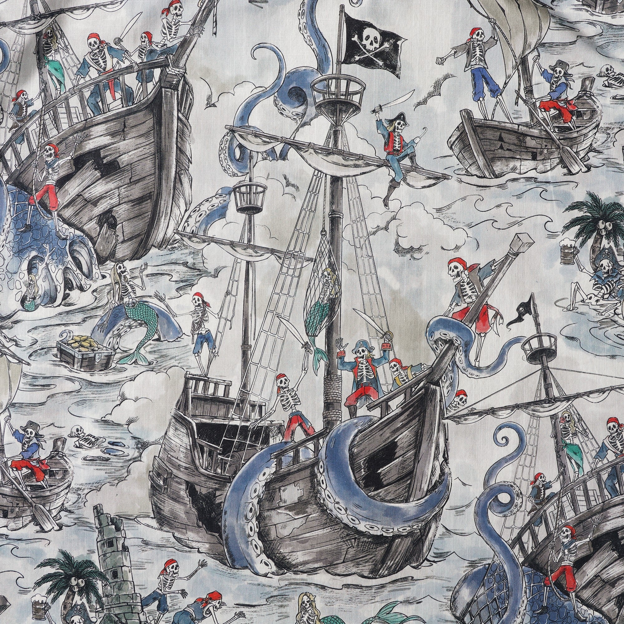 Men's Hawaiian Shirt Short Sleeve Camp Collar 100% Cotton Blue Aloha Mermaid's Skull Island