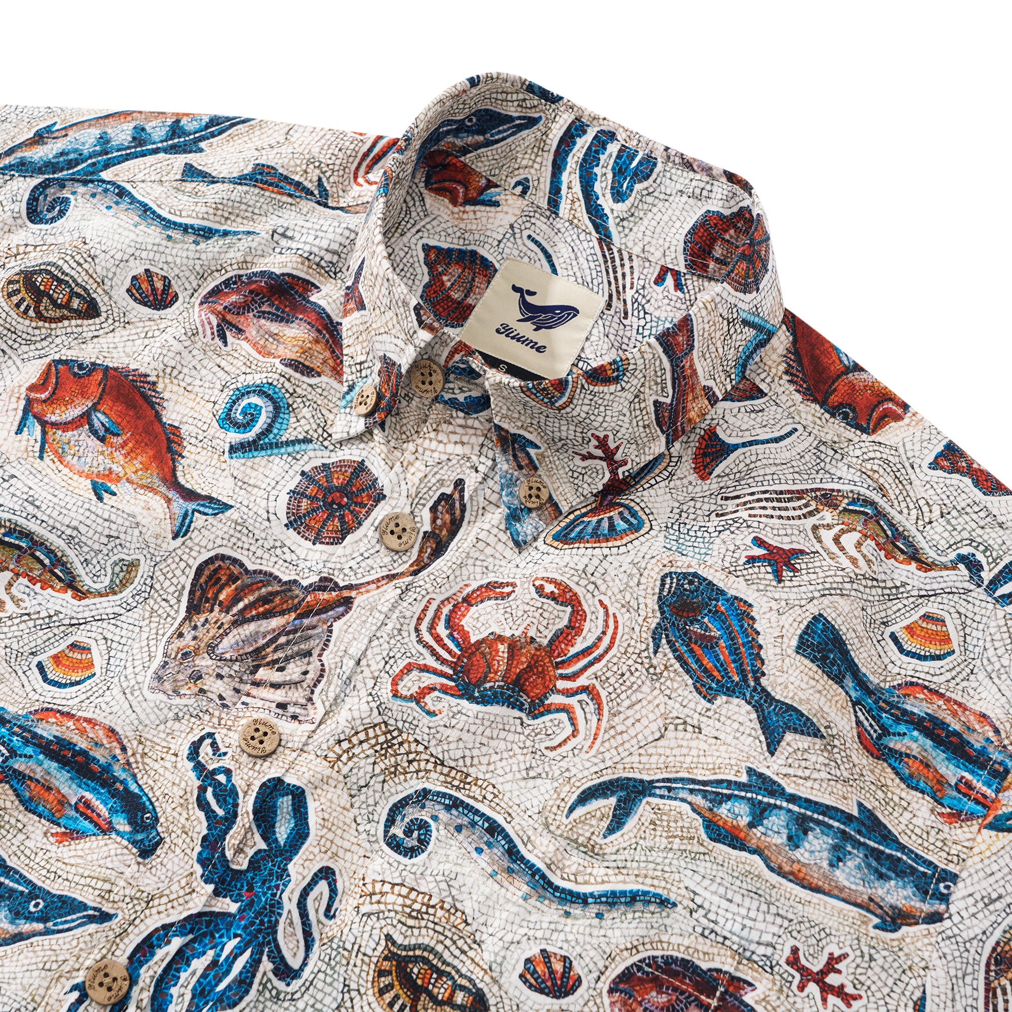 Men's Hawaiian Shirt Short Sleeve Button-down 100% Cotton Beige Aloha Seaside Mosaic