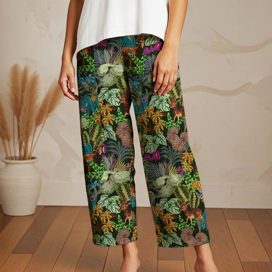 Women Casual Ankle Pants Lounge Elastic Waist with Pockets 93% Lyocell, 7% Linen Green Aloha Enchanted Forest Deer