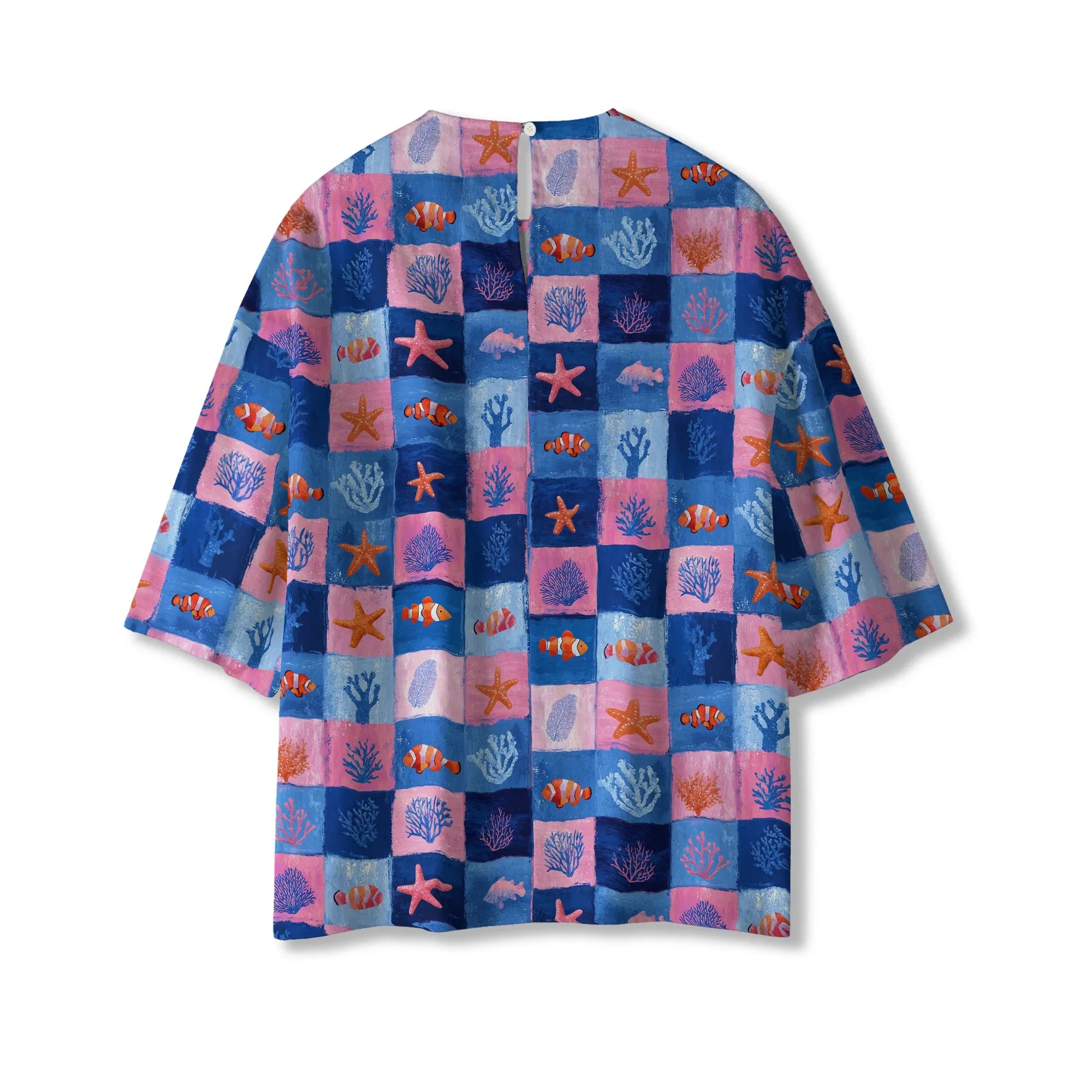Women's ocean-themed blouse, lyocell linen, button-back