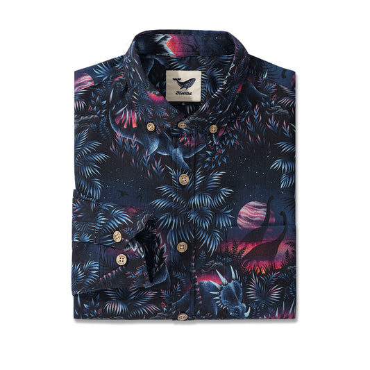 Herren Hawaiian Shirt Dinosaur Lagoon von Andrea Muller Baumwolle Knopf-down Langarm Aloha Shirt