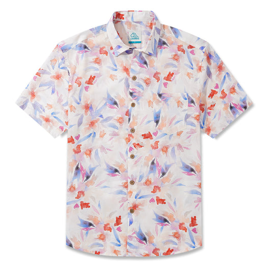 LeosWare® Men's Hawaiian Shirt Short Sleeve Button-up 100% Cotton Aloha Watercolor Blooms