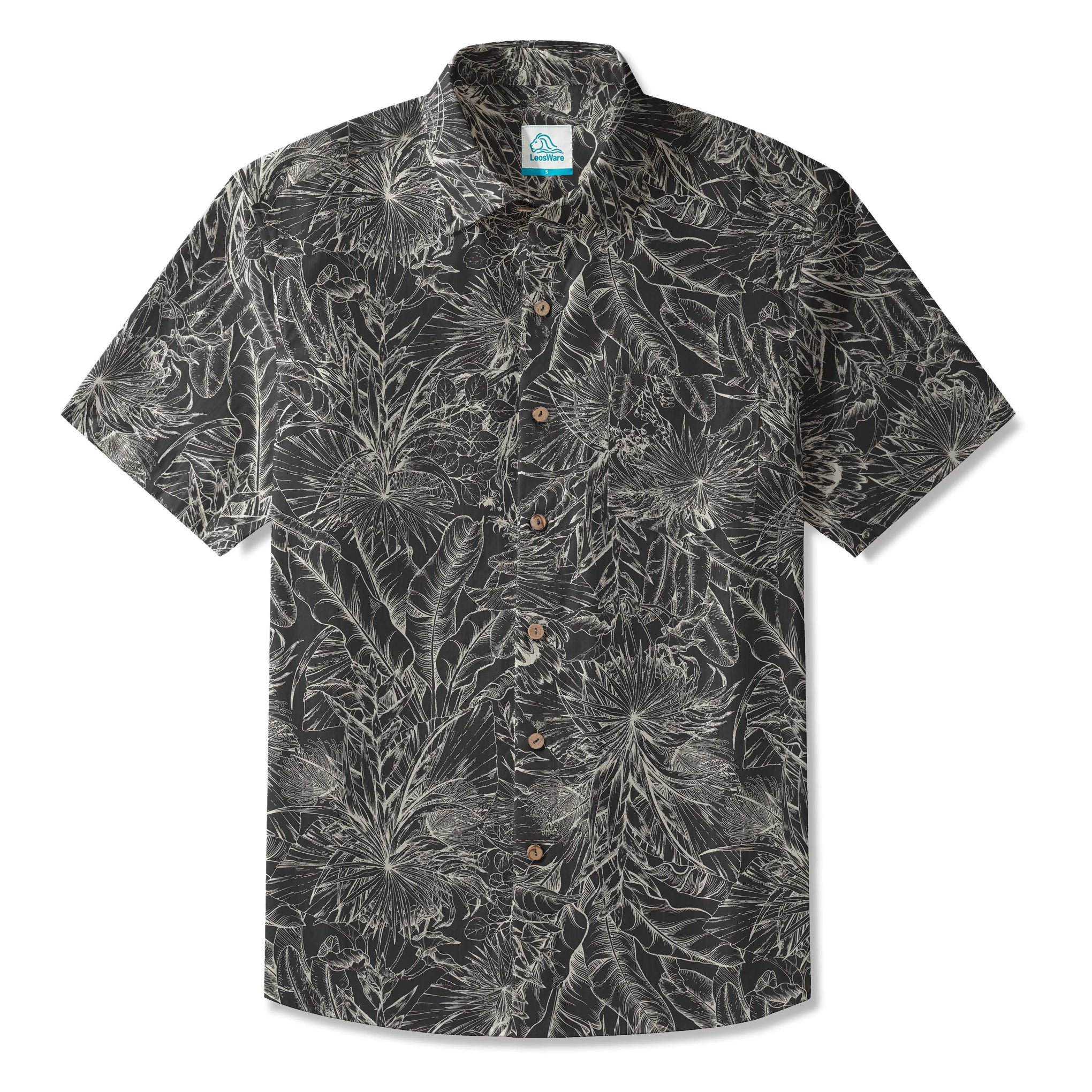 LeosWare® Men's Hawaiian Shirt Short Sleeve Button-up 100% Cotton Black Aloha Midnight Jungle Elegance