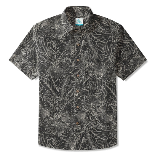 LeosWare® Men's Hawaiian Shirt Short Sleeve Button-up 100% Cotton Black Aloha Midnight Jungle Elegance