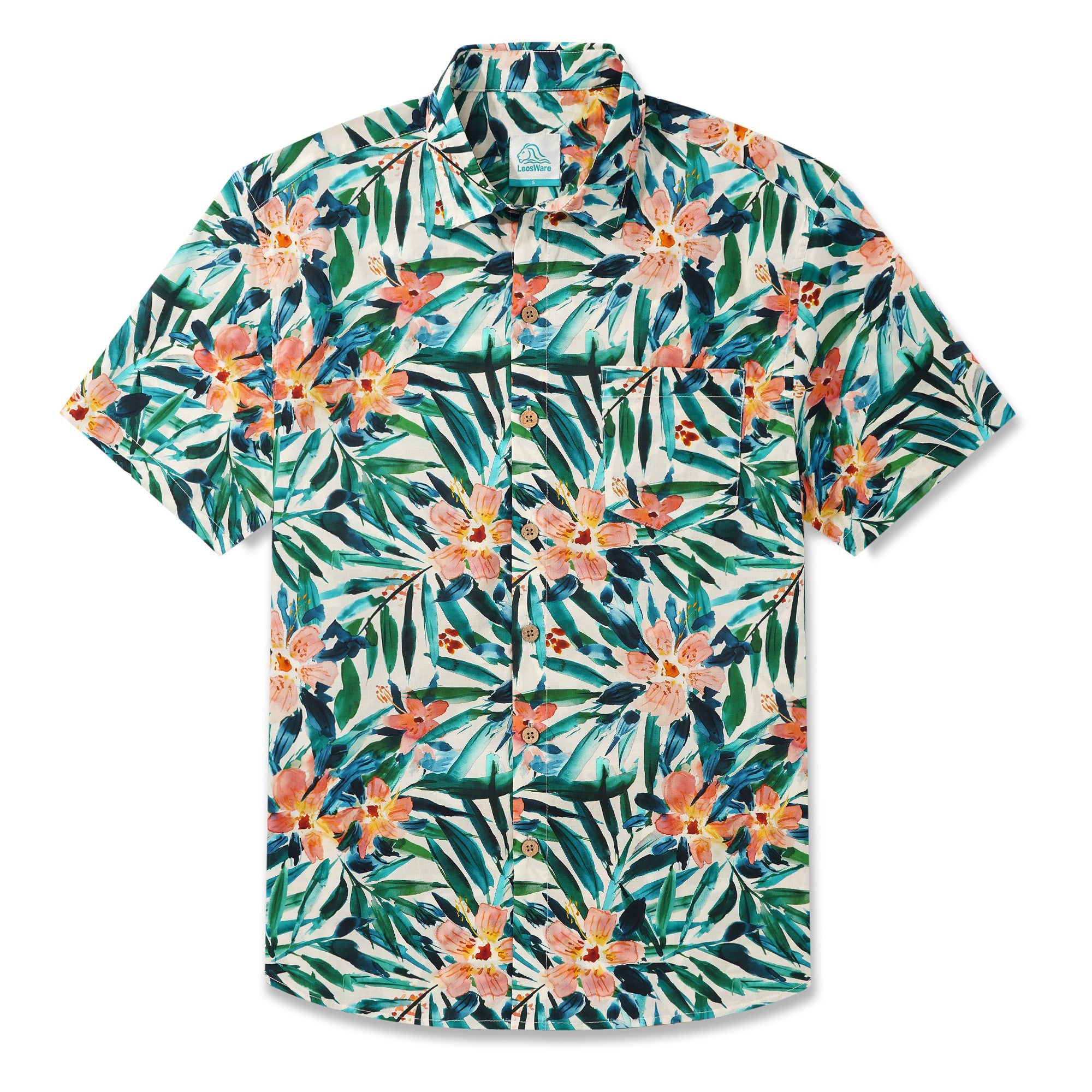 LeosWare® Men's Hawaiian Shirt Short Sleeve Button-up 100% Cotton Green Aloha Fresh Floral And Leaf Artistic Painting