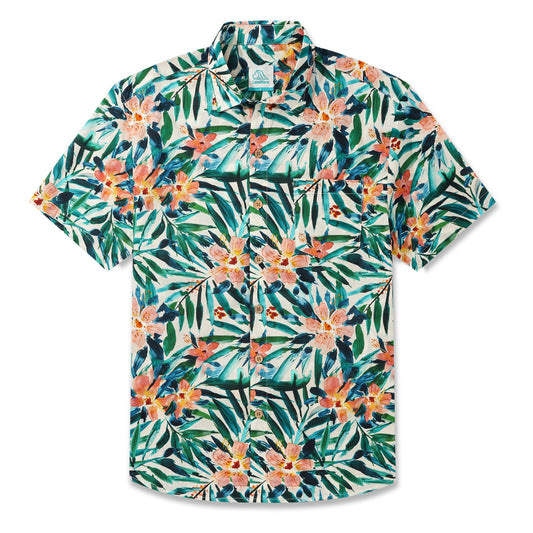 LeosWare® Men's Hawaiian Shirt Short Sleeve Button-up 100% Cotton Green Aloha Fresh Floral And Leaf Artistic Painting