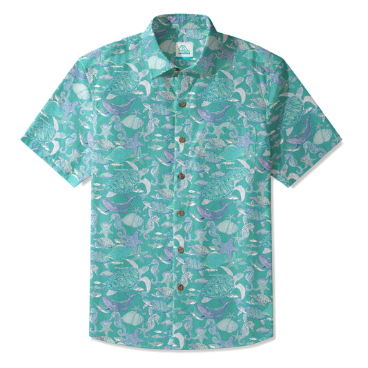 LeosWare men's Hawaiian shirt with sea turtle and starfish design