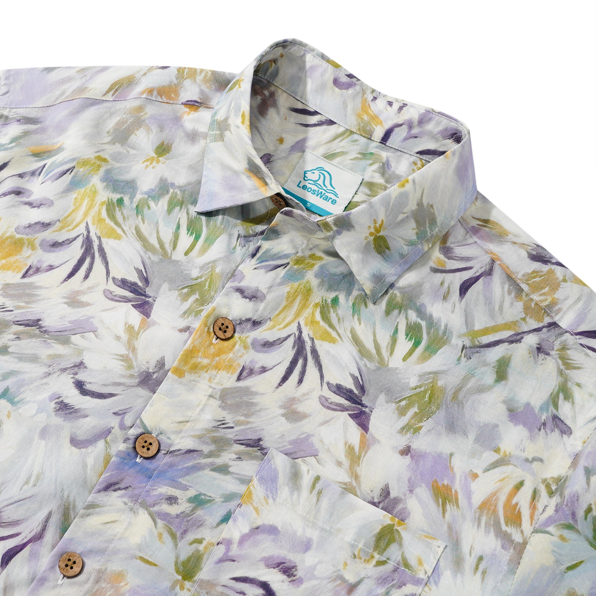 LeosWare® Men's Hawaiian Shirt Short Sleeve Button-up 100% Cotton Green Aloha Fresh And Light Botanical Illustration