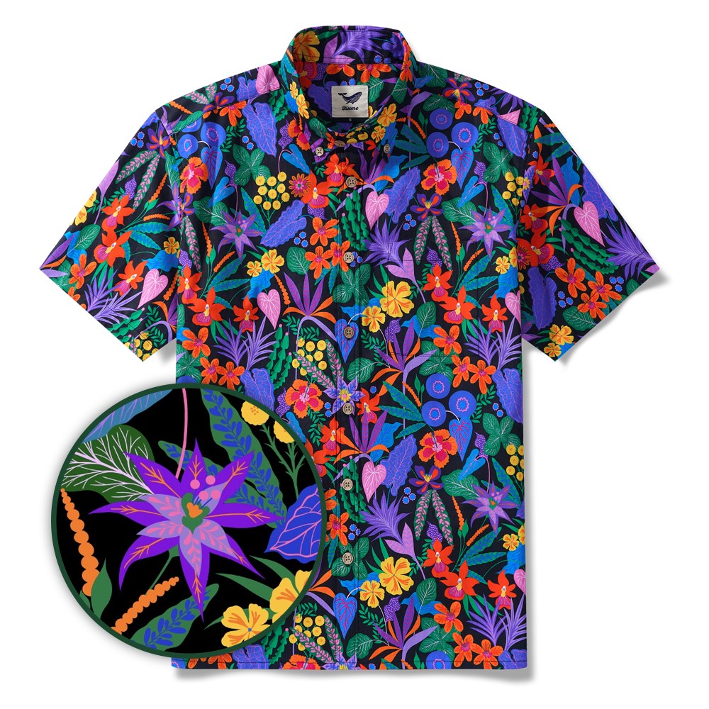 Yiume Men's Colorful Hawaiian Shirt Tropical Floral Shirt 100% Cotton Button-down Flower Shirt
