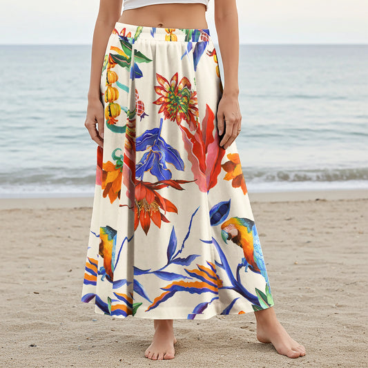 Women Casual Maxi Skirt Long Elastic Waist with Pockets 100% Cotton Orange Aloha Tropical Parrot Flower