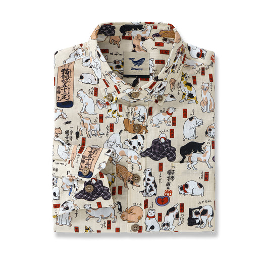 Tokaido 53 Station Cats Kollektion 100% Baumwolle Herren Aloha Hawaiian Langarm Hemd mit Knopfleiste