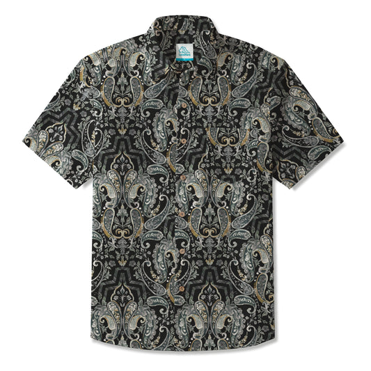 LeosWare® Men's Hawaiian Shirt Short Sleeve Button-up 100% Cotton Black Aloha Vintage Paisley