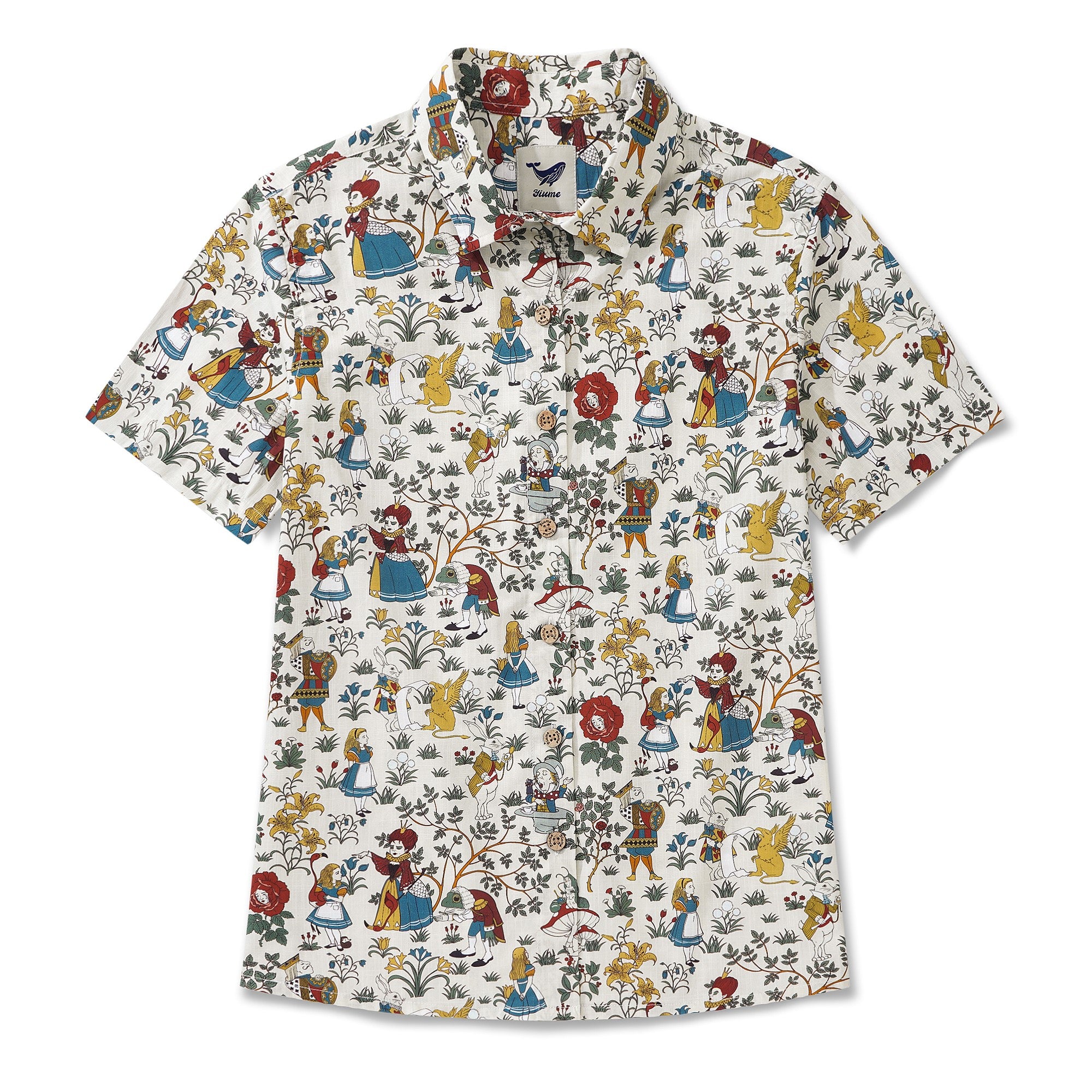 女子ハワイアンシャツ半袖ボタンアップ100％コットンベージュアロハアリスのワンダーランド