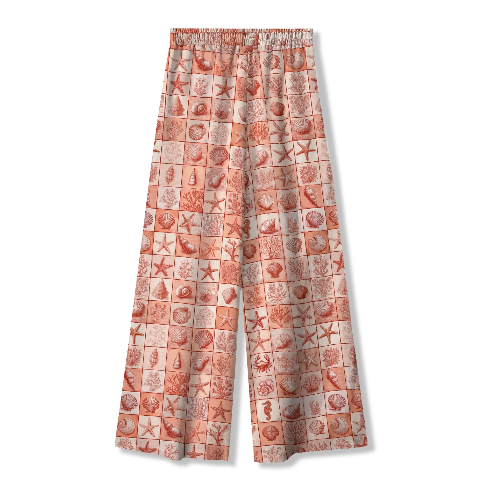 Women's coral red pants with ocean-inspired print and pockets