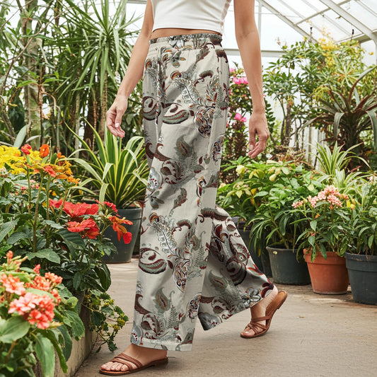 Women Casual Pants Lounge Elastic Waist Drawstring with Pockets 100% Cotton Green Aloha Classic Paisley Floral Art