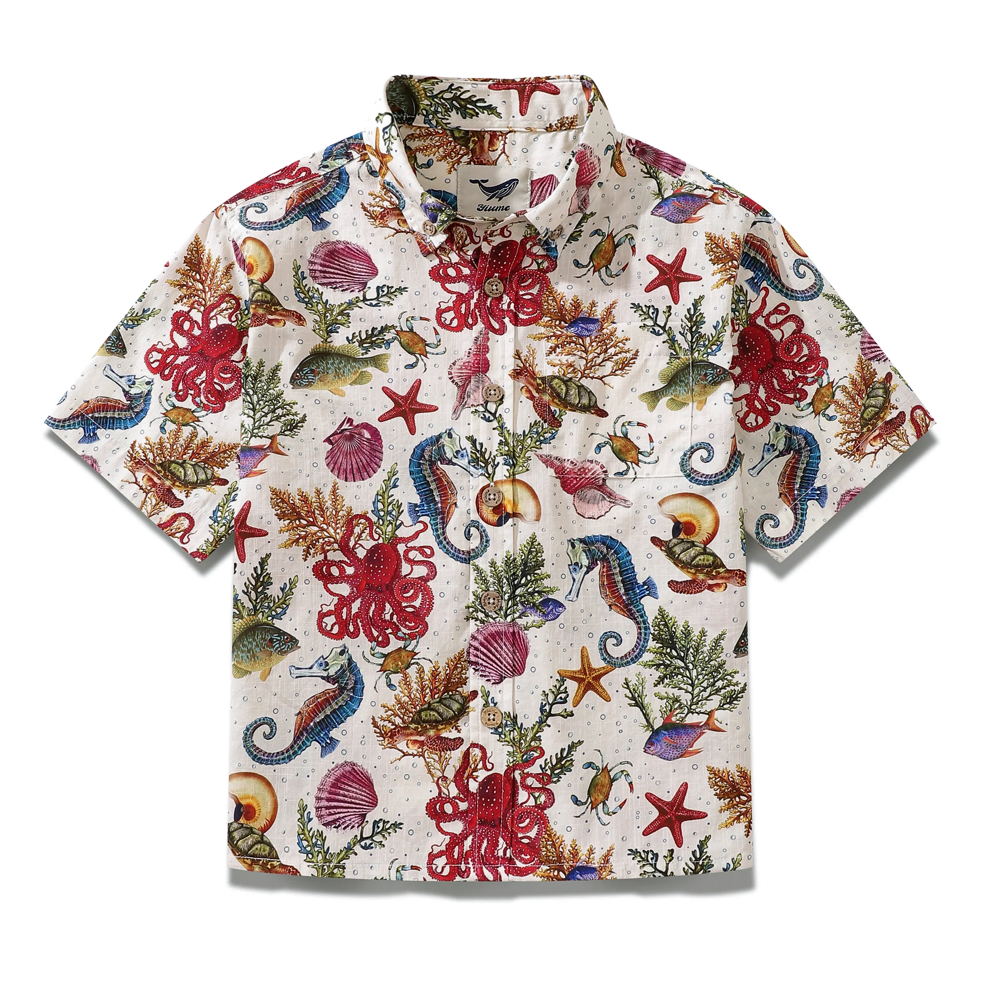 Kinder Hawaiian Shirt Meeresleben Seepferdchen Oktopus Druck Baumwolle Knopfverschluss Kurzarm
