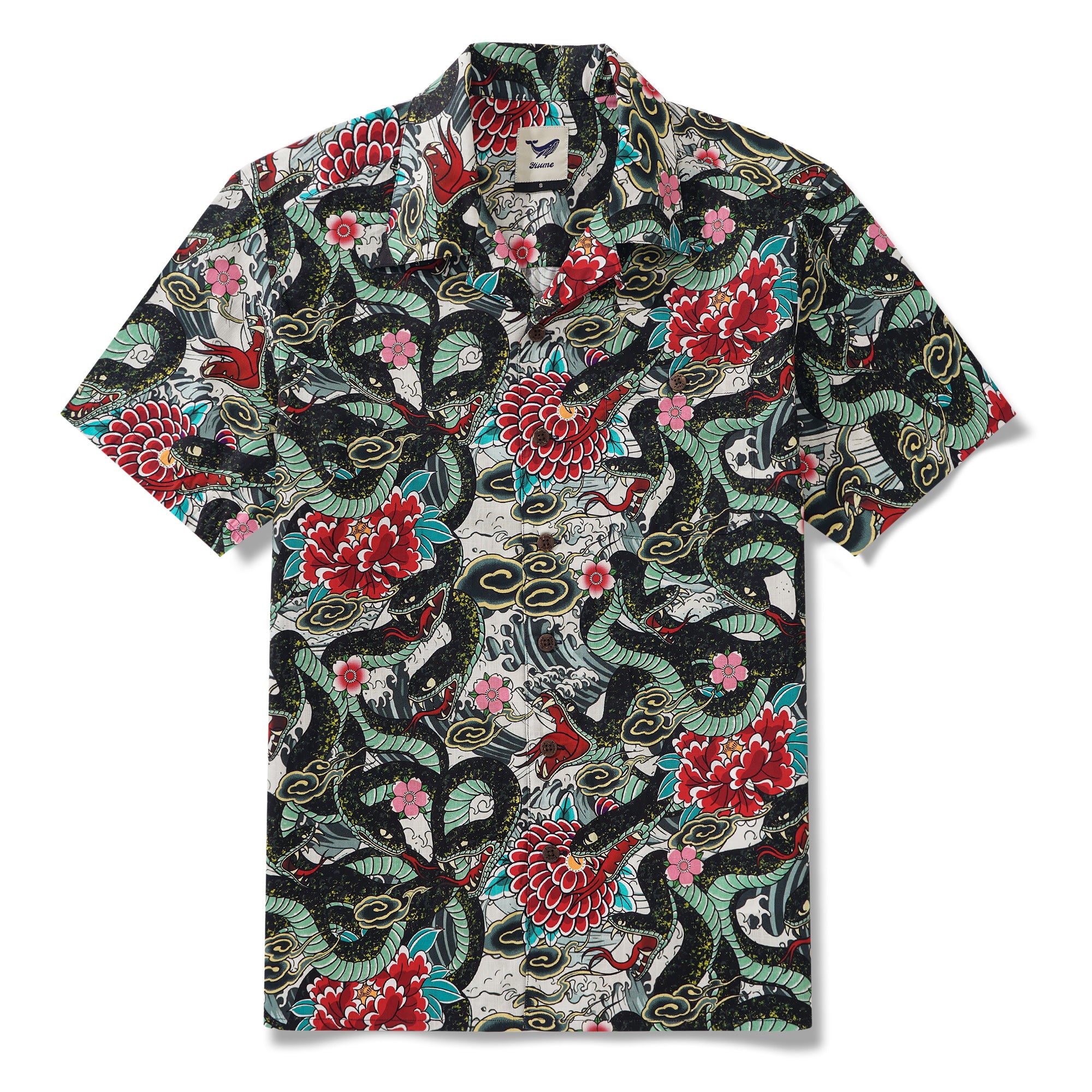 Men's Hawaiian Shirt Short Sleeve Camp Collar 100% Cotton Green Aloha Ocean Serpent Art Print