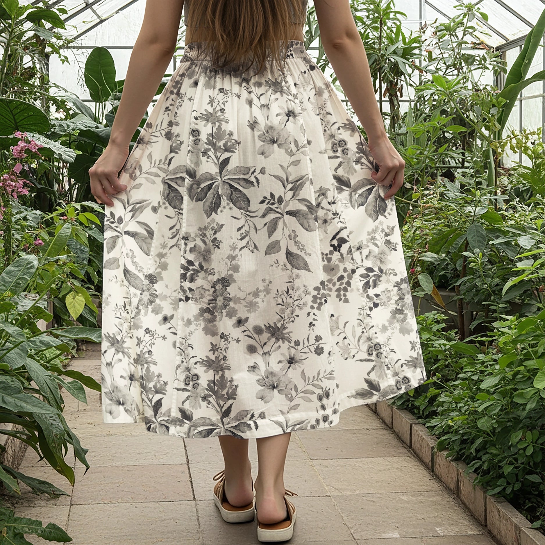 Women Casual Maxi Skirt Long Elastic Waist with Pockets 100% Cotton Gray Aloha Vintage Countryside