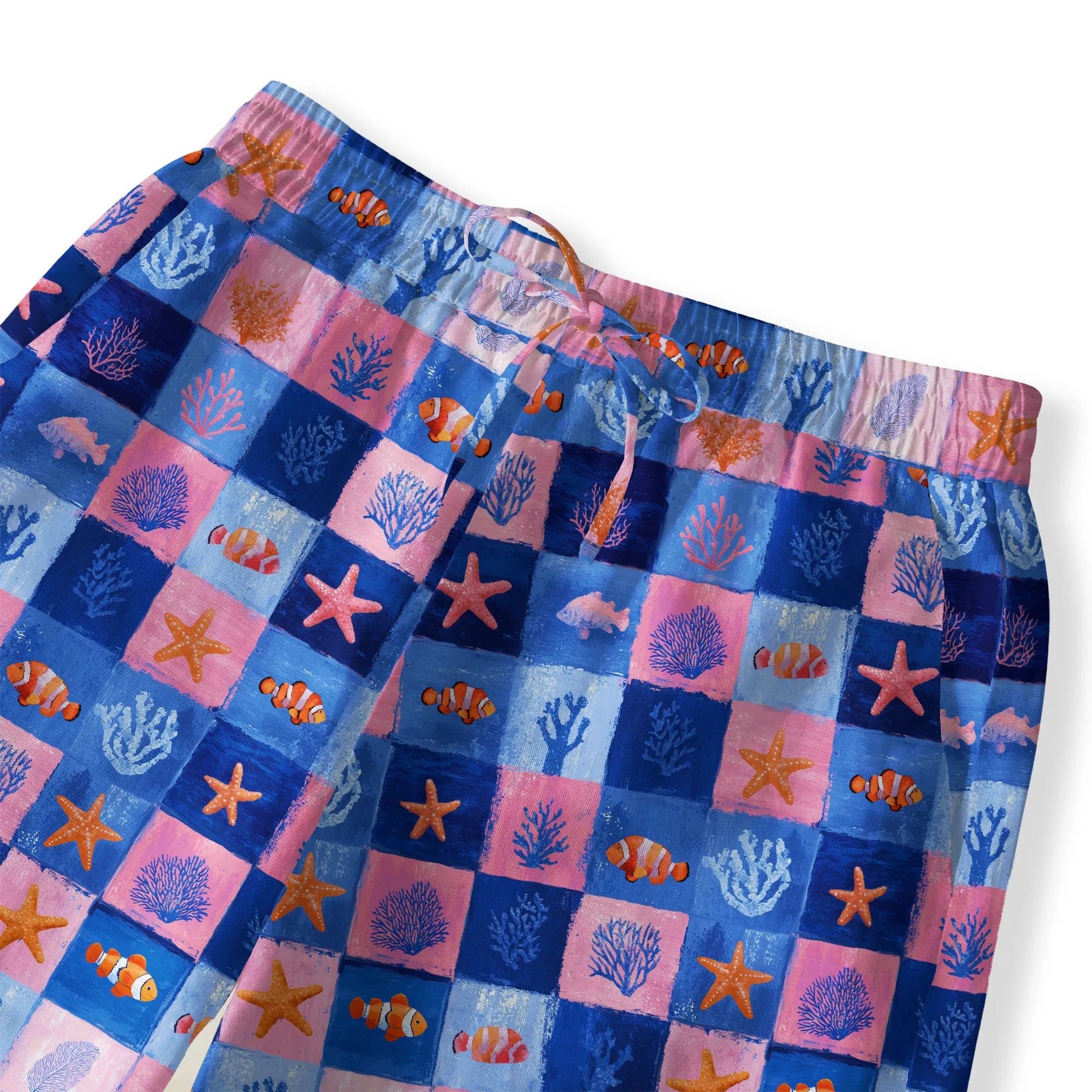Elastic waist drawstring pants with ocean-inspired design