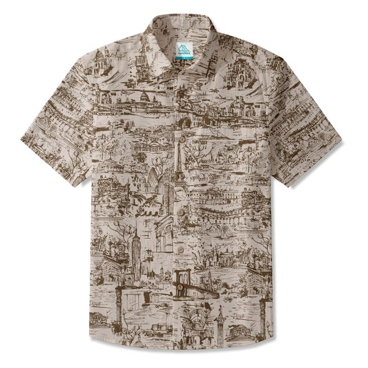 LeosWare® Men's Hawaiian Shirt Short Sleeve Button-up 100% Cotton Brown Aloha Sketches Of World Architecture
