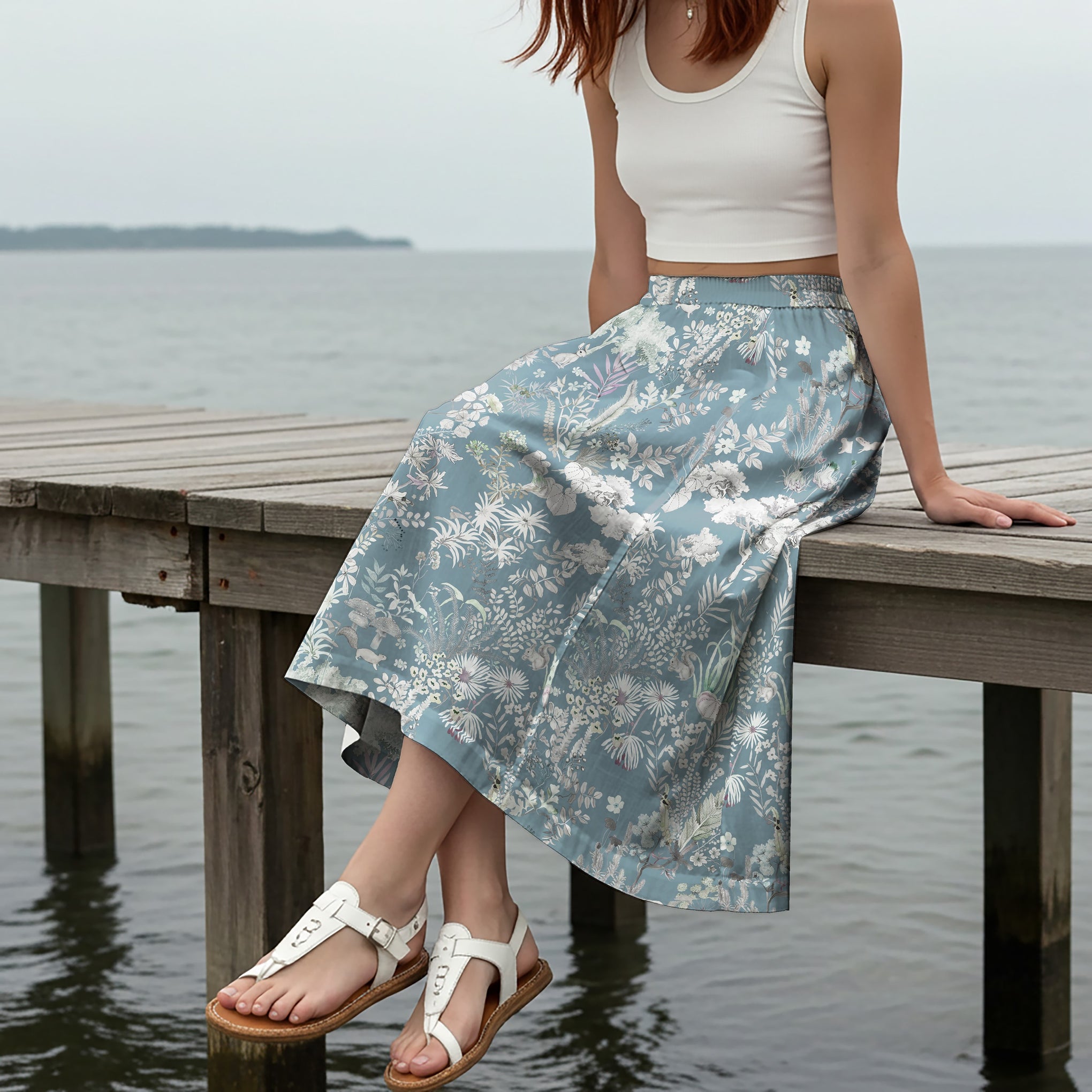 Women Casual Maxi Skirt Long Elastic Waist with Pockets 100% Cotton Blue Aloha Enigmatic Azure Wonderland